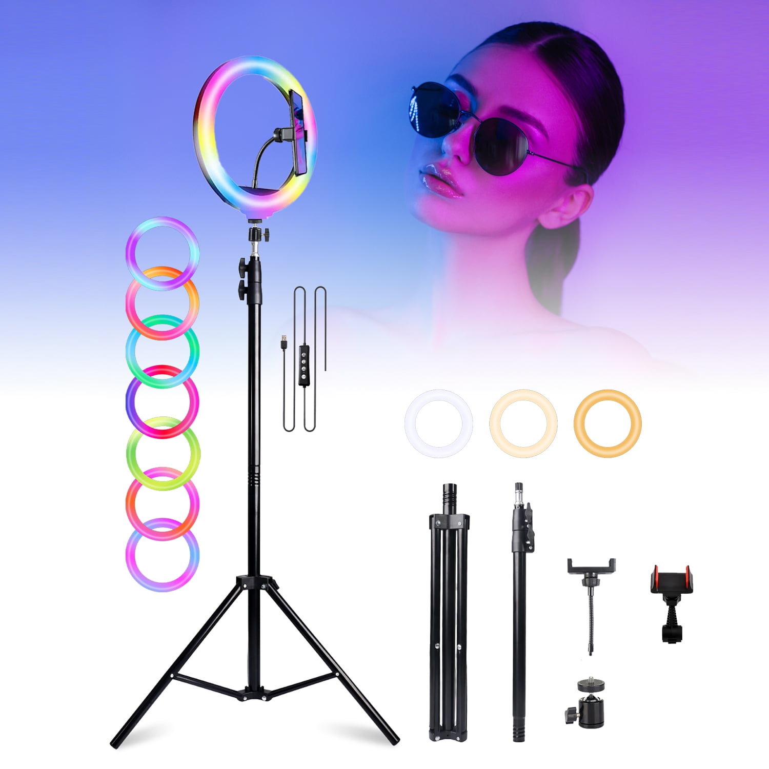 ZOMEI 12" RGB Ring Light, Dimmable LED with 63" Tripod & Phone Holder for Live Stream, TikTok, Zoom and Vlog