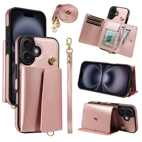 Wallet Case for iPhone 16, PU Leather TPU Shockproof Cover with Card Slots, Cash Pocket, Long & Short Straps, Kickstand, Button Closure, Gift for Women Men Family Friends, Rosegold