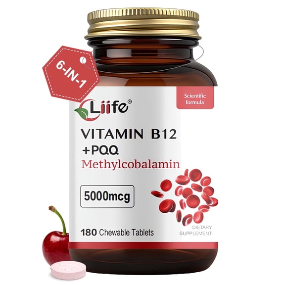 Liife Methylcobalamin (Higher PQQ   Vitamin B12) 5000 mcg | Boosts Antioxidant Power & Mitochondrial Support, Promotes Brain & Nerve Health | 180 Chewable Tablets, Gluten-Free Formula, Cherry Flavor