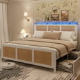 thumbnail image 1 of Twister.CK Rattan King Bed Frame with LED Headboard (7 Colors), Boho Cane Platform Bed with 4 Large Drawers, Metal Slats Support, No Box Spring Needed, White, 1 of 8