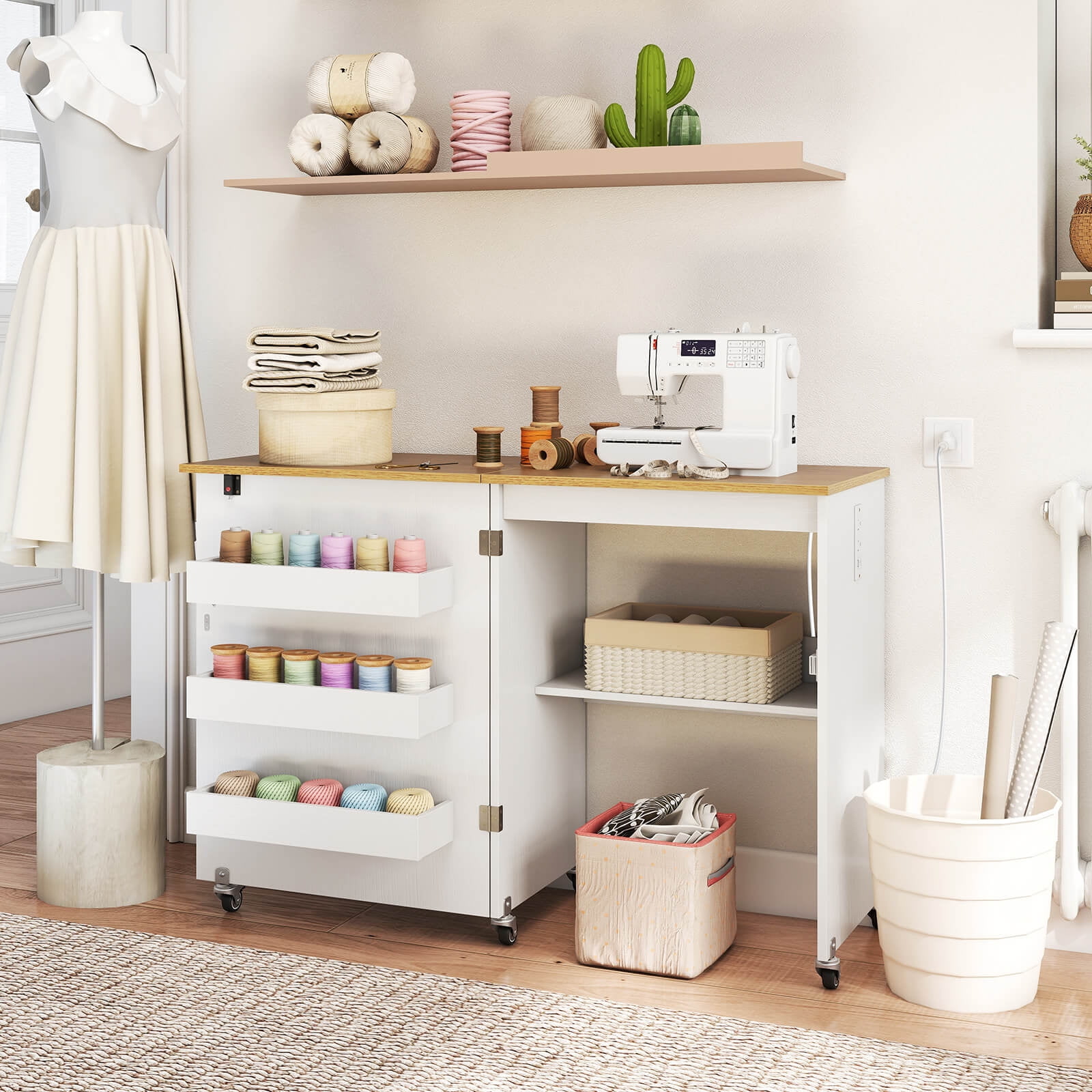 Costway Folding Sewing Table Rolling Craft Station with 3 Storage Bins & Charging Station White+natural