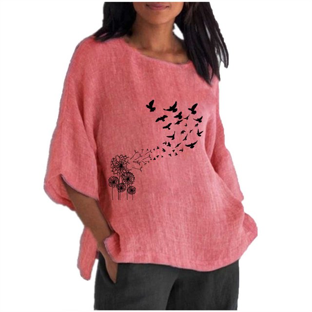 Hauts d'Été pour Femmes 2023 Femmes Été Aguichant Imprimé Régulier Bouton Col Rond Manches Trois Quarts Femmes Manches Courtes Haut Bohème Grande Taille T-Shirt pour Femmes