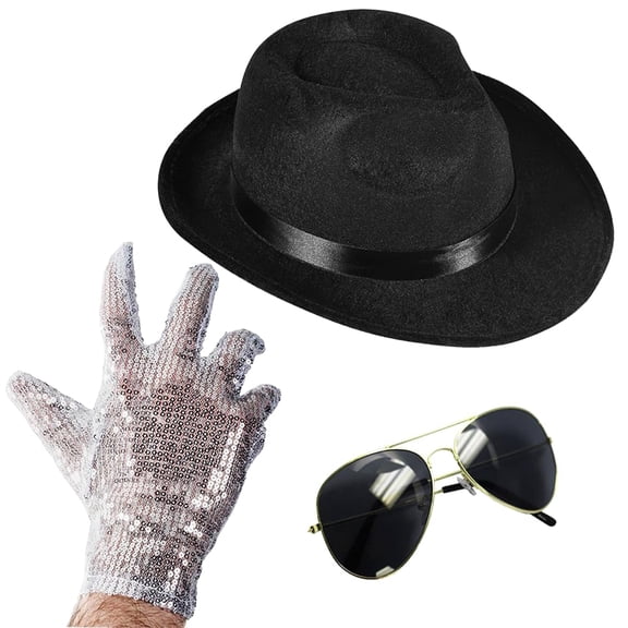 3 Pcs 80s Pop Star Costume Accessories, Black Fedora Hat & Sequin Glove & Aviator Sunglasses for Halloween Cosplay Themed Party Favor