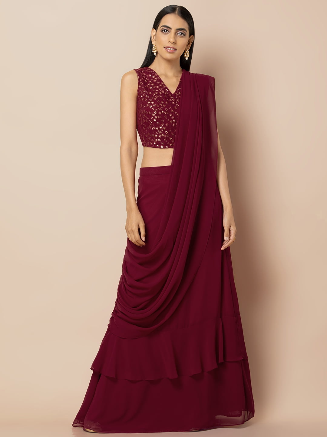 Burgundy Gown With Attached Dupatta - L | Burgundy gown, Pink gowns,  Anarkali dress pattern