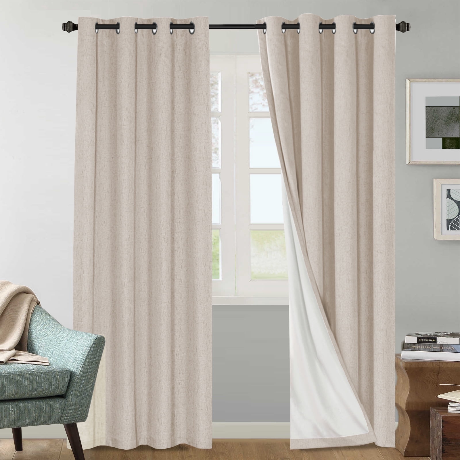 H.VERSAILTEX Linen Blackout Curtain Set of 2 for Bedroom & Living Room, Thermal Room Darkening Grommet Window Drapes, 84 Inch Long, 52 x 84, Natural