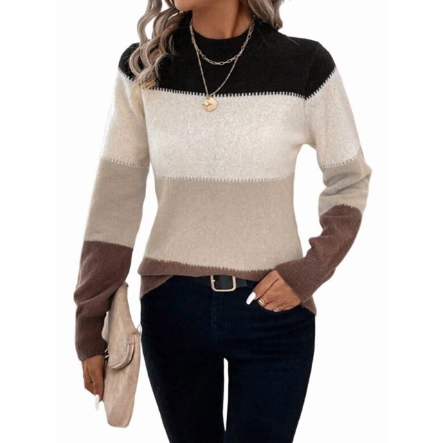 Suéteres de Bloque de Color para Mujer, Blusas de Larga con Cuello Alto, Suéter de Punto Holgado. Caqui M