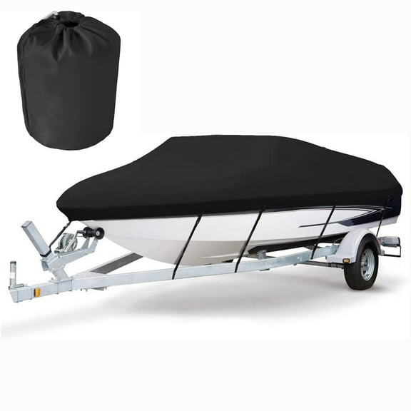 PET-U Heavy 600D Marine Grade Polyester Canvas Trailerable Waterproof Boat Cover Black