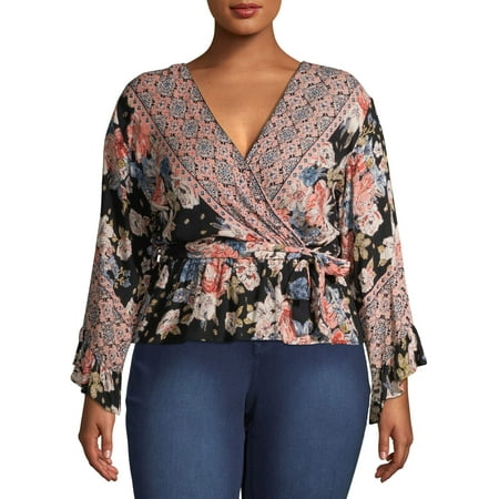 Romantic Gypsy Women's Plus Size Long Sleeve Floral Faux Wrap Top