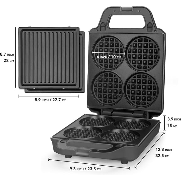 2 in 1 Mini Waffle Maker with Removable Plates,  Press Sandwich Maker, Sandwich Press, Waflera Electrica, Sandwichera Electrica, 4 X 4 Inch Classic Waffle Maker for Kids, Graphite