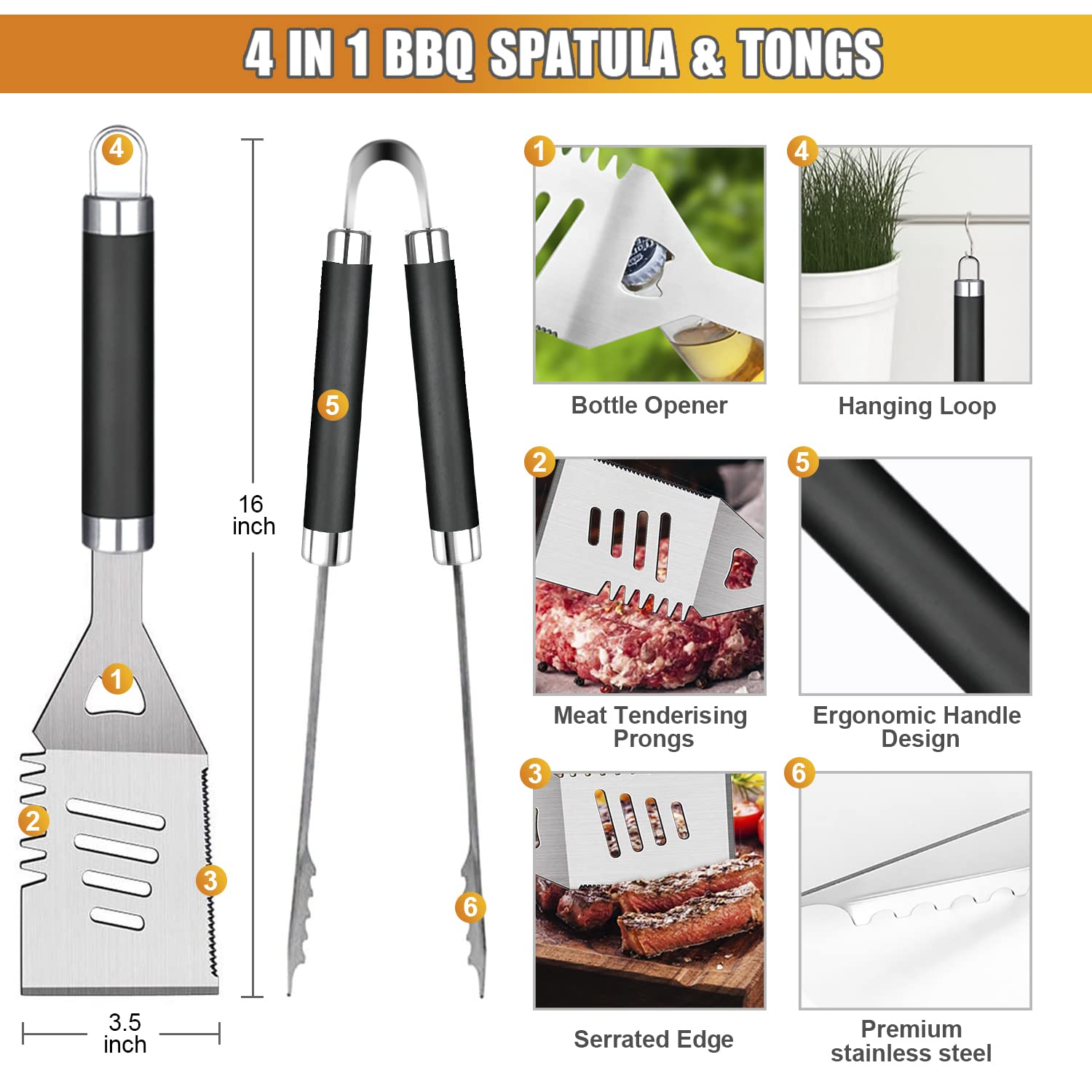 BBQ Grill Accessories Set, 38Pcs Stainless Steel Grill Tools Grilling Accessories with Aluminum Case, Thermometer, Grill Mats for Camping/Backyard Barbecue, Grill Utensils Set for Men Women - image 5 of 7