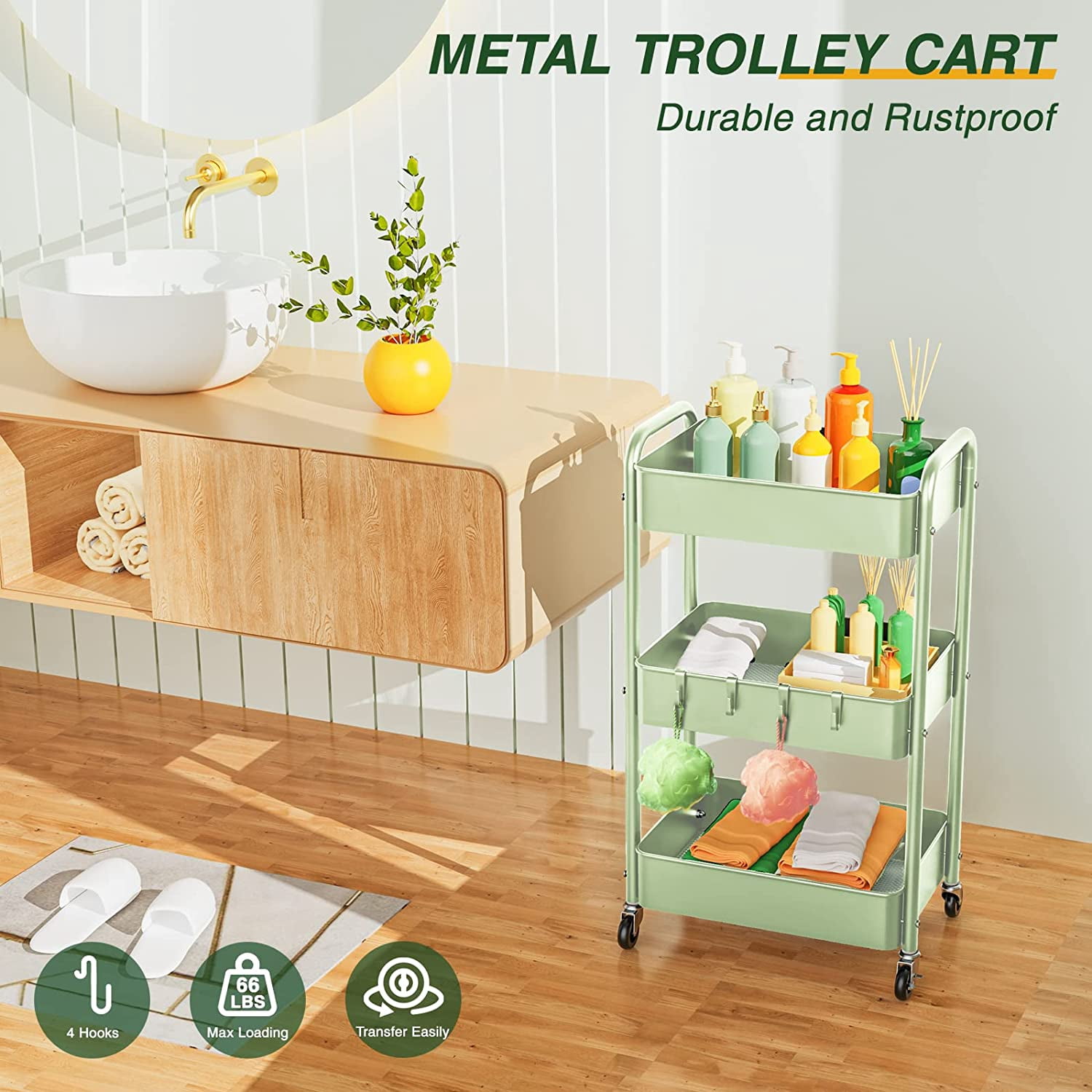 3 Tier Rolling Storage Cart, Metal Trolley Utility Cart with Wheels & Hooks, Easy Assembly Organizer Storage Cart for Bathroom Kitchen Office Bedroom