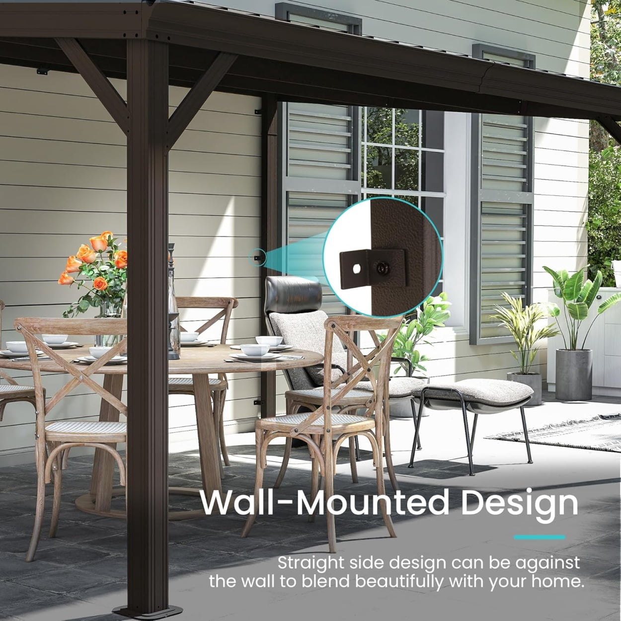 10x14FT Lean to Gazebo, Wall Mounted Gazebos Pergola with Drainage System, Upgraded Heavy Duty Awnings with Sloping Roof, Hardtop Patio Shelter for Deck, Porch, Backyard, Brown