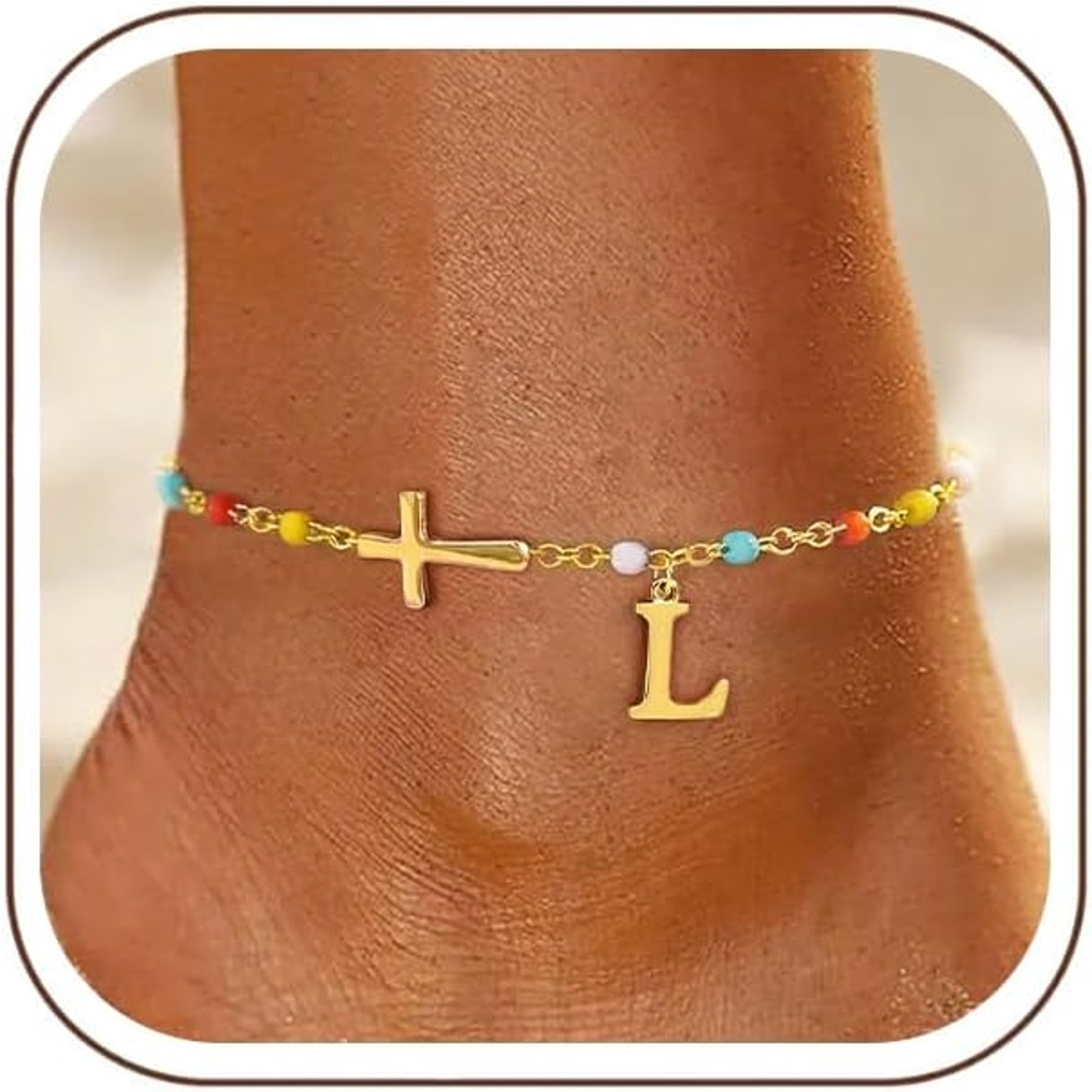 DESIGNICE Ankle Bracelets for Women Waterproof 14K Gold Plated A-Z Initial Cross Anklet Colorful Hypoallergenic Letter Anklets for Women Non Tarnish Summer Beach Jewelry Gift for Daughter Mom Sister