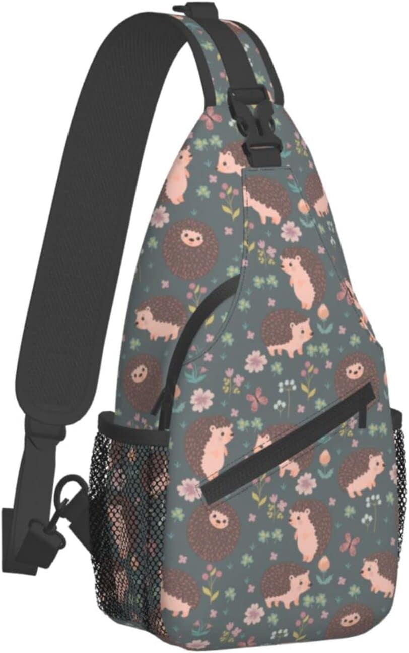 Cute Hedgehog and Flowers Pattern Sling Bag Crossbody Hiking Travel Chest Bags Backpack Shoulder Daypack for Women Men