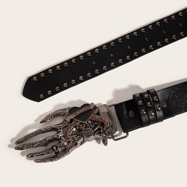 Punk Rivet Belt with Skull Buckle, Gothic Y2K Style Leather 