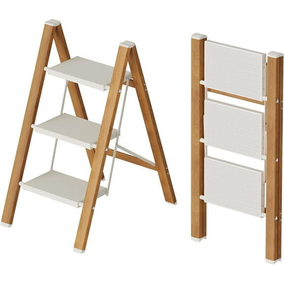 3 Step Lightweight Aluminum Folding Ladder, Portable Step Stool with Wide Anti-Slip Pedals, 330 lbs Capacity for Home,Cleaning Tasks(White&Woodgrain)