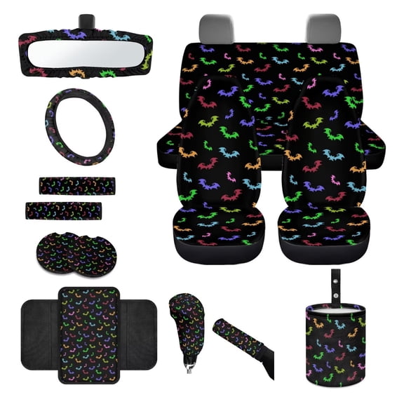 LedBack Bat Print Car Seat Covers Full Set Comfy Breathable Automotive Seat Covers with Steering Wheel Cover Center Console Pad Safety Belt Pads Rearview Mirror Cover Trash Bin Coasters