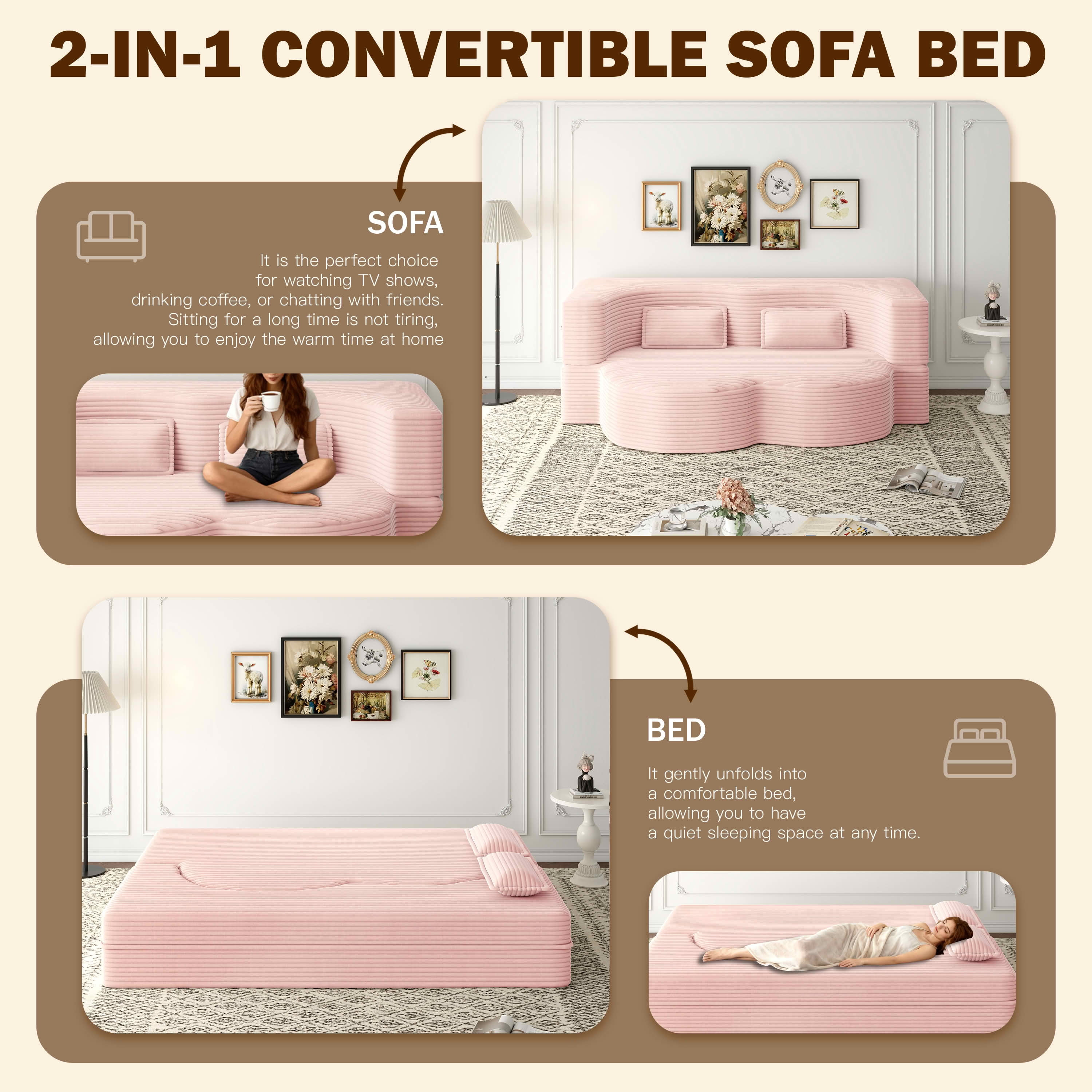 MAYEERTY Twin Corduroy Foldable Foam Floor Sofa Bed, Zero Assembly Vacuum Compressed Sleeper with 2 Pillows