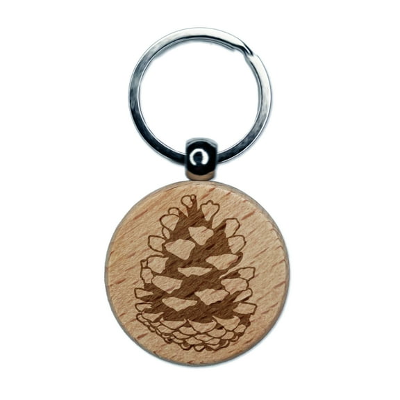 Realistic Pinecone Pine Cone Round Keychain Charm Tag - Engraved Wood