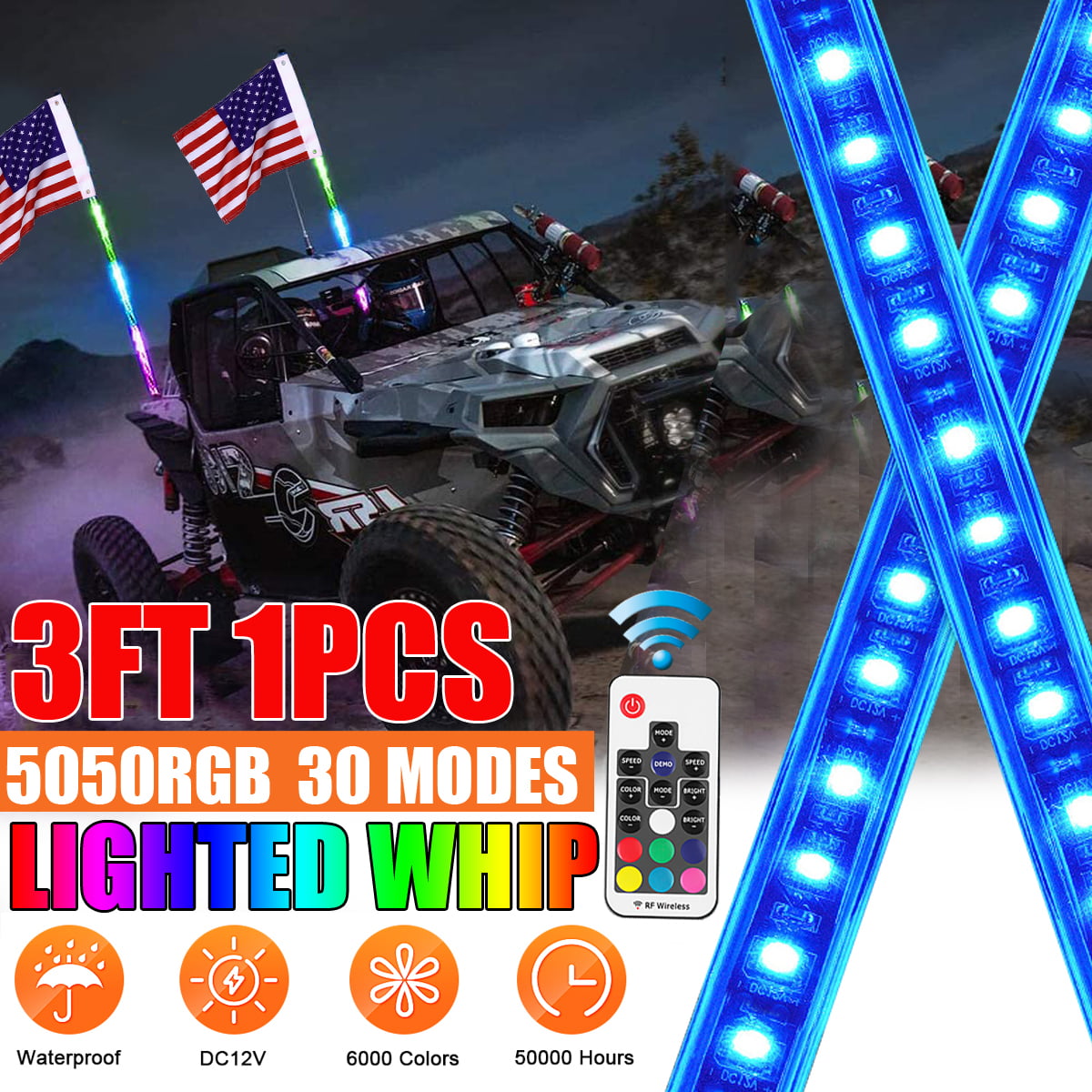 Lighting Modes Spiral RGB Chasing Lighted Whips Antenna Compatible with Can-Am RZR Polaris UTV ATV Accessories 5ft Kemimoto LED Whip Lights for UTV ATV with Bluetooth and USA Flag Pole,366 