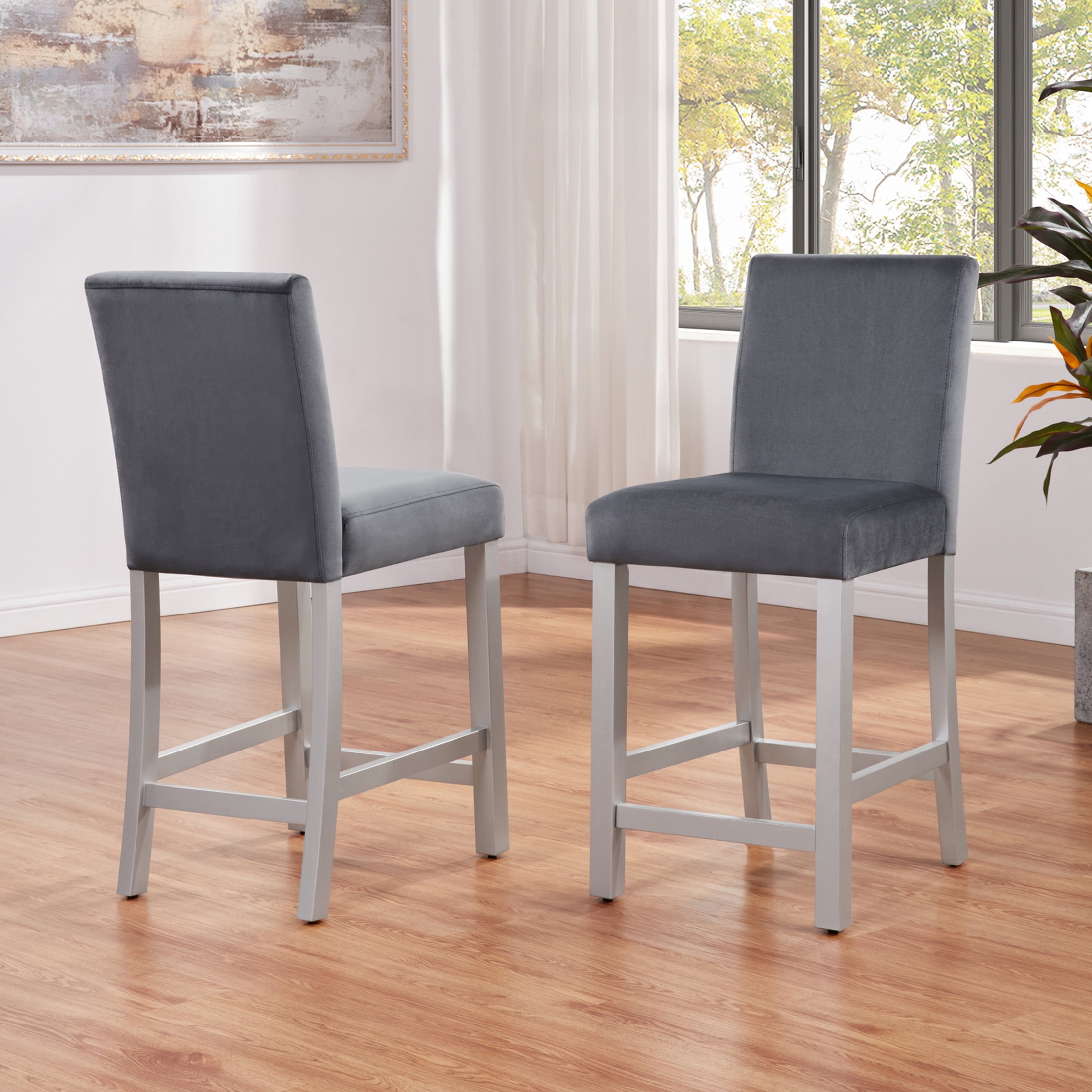 Noble House Counter Height Chairs Set of 4, Upholstered Kitchen Bar Stools with Solid Wood Legs, Silver Gray
