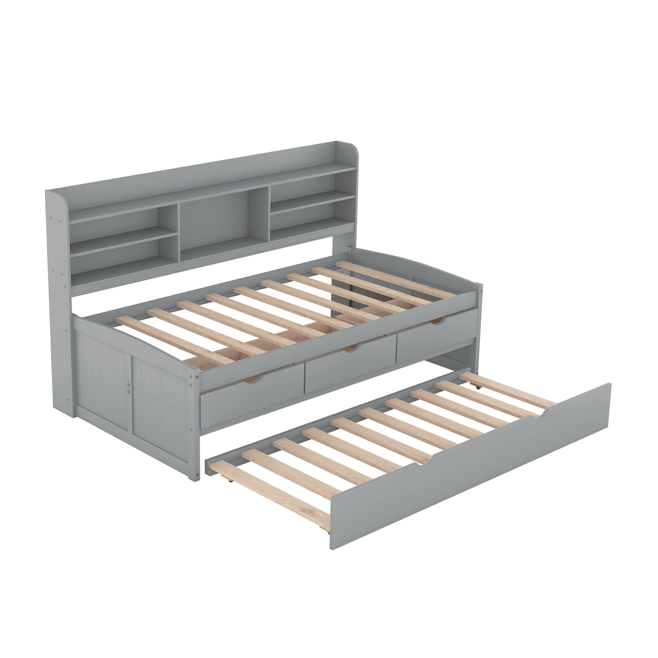Noble House Savoy Twin Size Wooden Captain Bed with Bookcase Headboard and Trundle, Storage Drawers, Gray