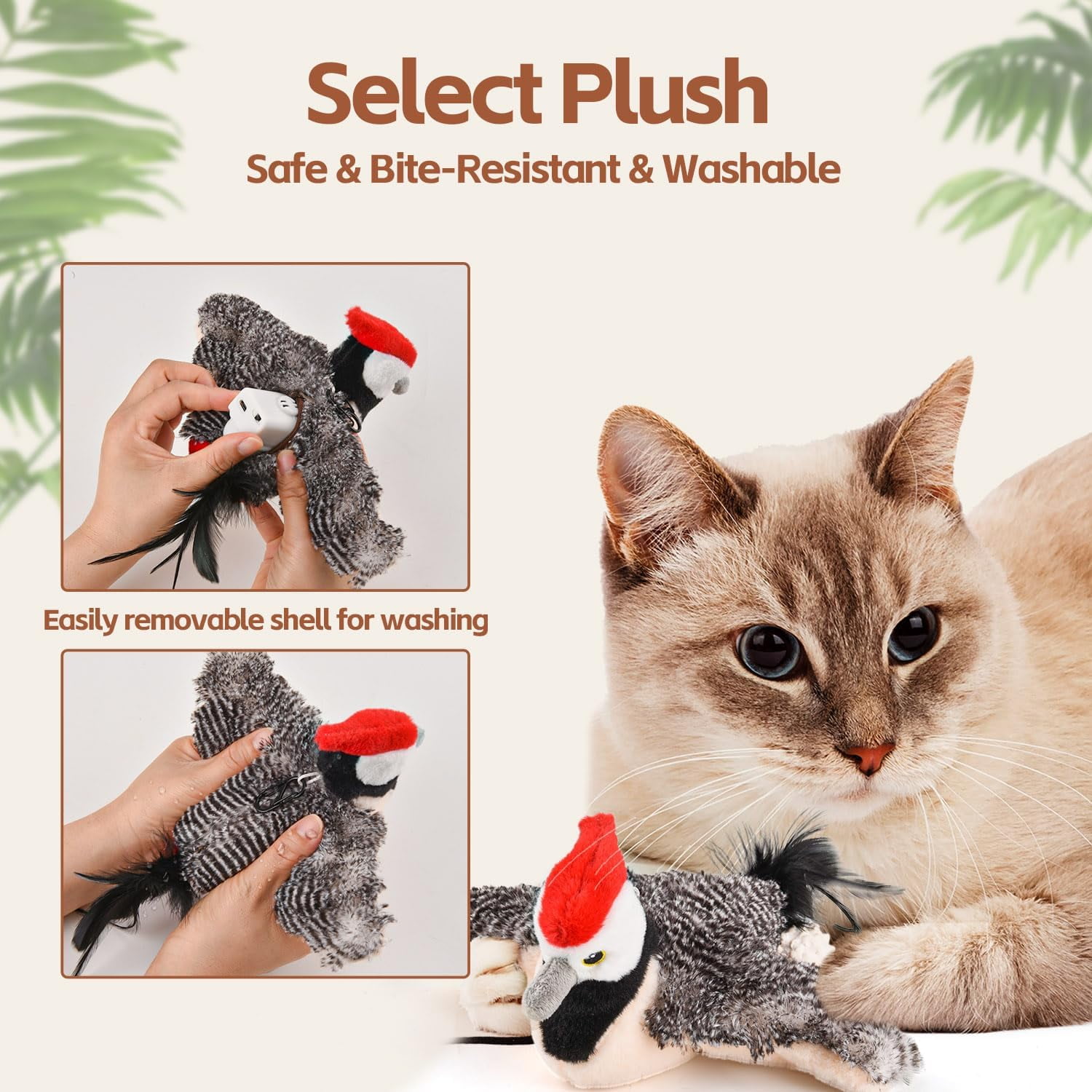QD-Gotrays Interactive Cat Toys, Rechargeable Chirping Flapping Bird(no Flying) with Catnip for Indoor Cats, Touch Activated, Plush Kitten Exercise Toys (Brown Sparrow)