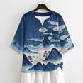 thumbnail image 4 of Xoenoiee Blue Mountain Tree Cloud Print Womens Cotton Linen Button Down Shirts 3/4 Sleeve Casual Loose Fit V Neck Breathable Summer Spring Blouses Top, 4XL, 4 of 7