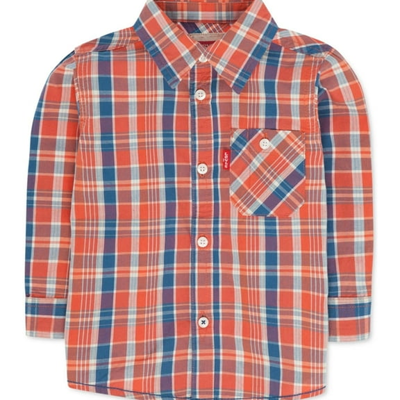 Levi's Boys Plaid LS Button Up Shirt, Orange, Infant, 12 mos
