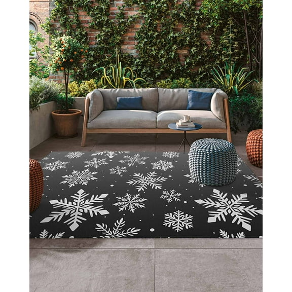 Black and Outdoor Rug, White Snowflake Winter Christmas Large Outdoor Patio Area Rugs Non Slip Outside Floor Mat Carpet for Backyard/Deck/Porch/Balcony, 4x6 ft