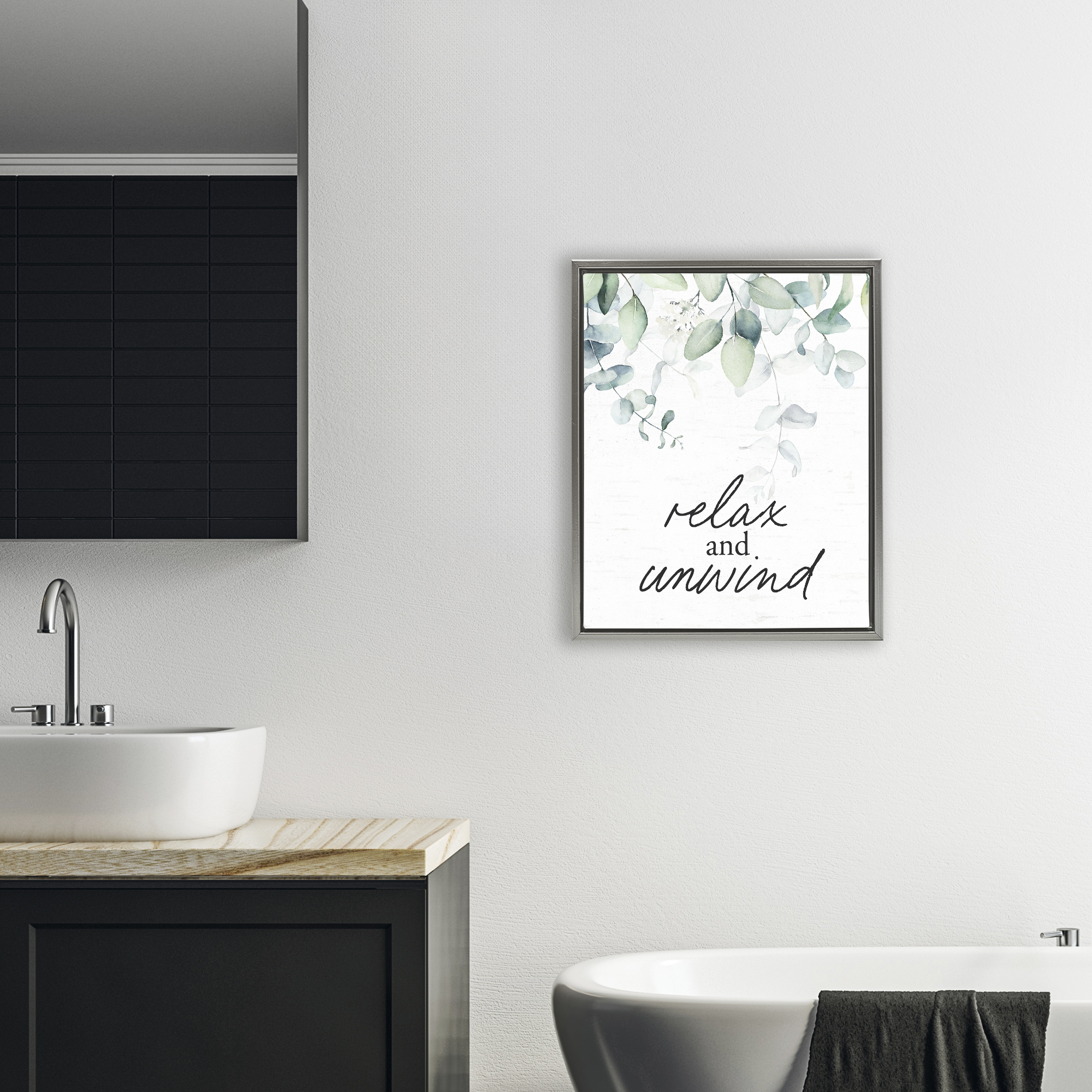 Relax And Unwind Herb Leaves Gray Framed Floater Canvas Wall Art, design by Lettered and Lined