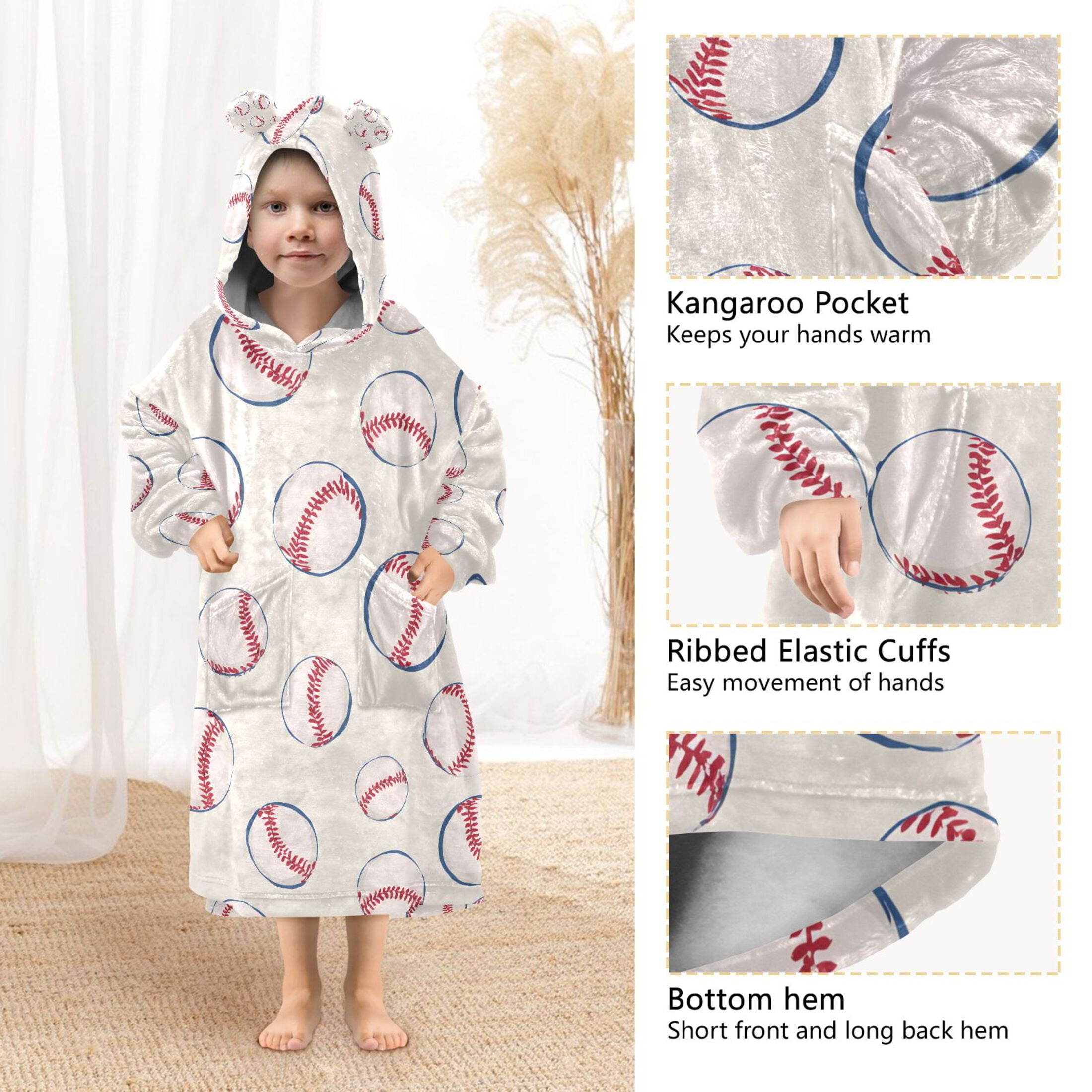 joogoo Blanket Hoodie for Baseballs Oversize Sweatshirt 3-14 YR L