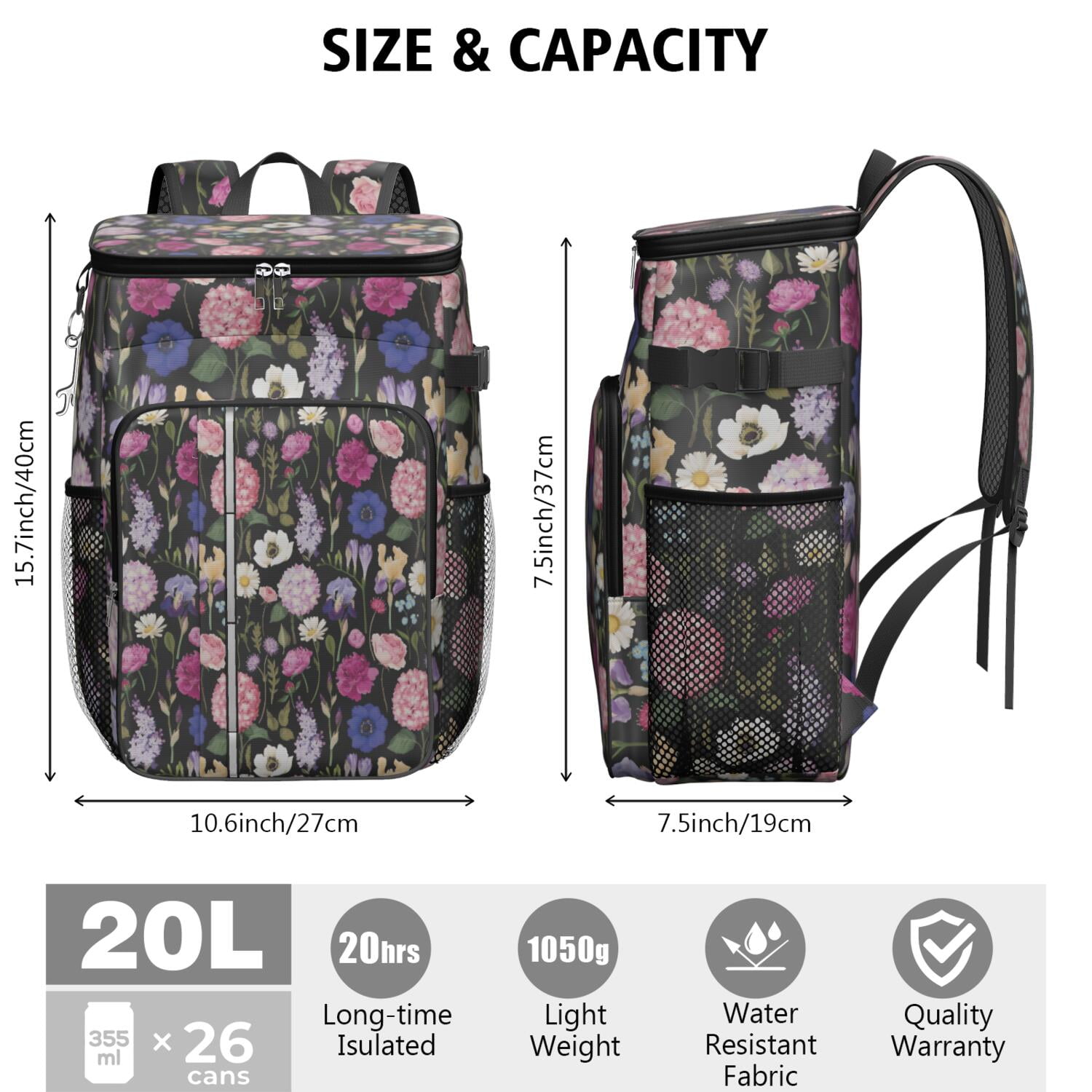 Travel Cooler Bag - Pioneer Flower Floral Print Pattern Camping Beer Cooler Backpack with Bottle Opener- Waterproof Insulated Picnic Backpacks - Cooler Bag for Beach