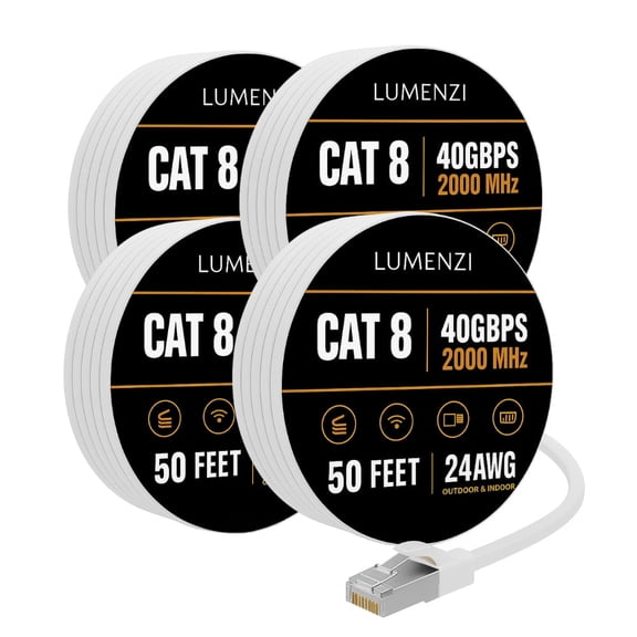 Cat8 Round 24 AWG Ethernet Cable 50ft, 4 Pc Pack, 40Gbps 2000MHz Network Patch Cord, S/FTP Shielded LAN Cable with RJ45 Connectors, for Gaming, Router, Modem, Laptop