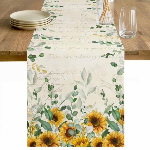 Sunflower Cotton Linen Rectangle Table Runners 13"x48", Summer Botanical Eucalyptus Leaves Vintage Coffee Table Runner Dresser Scarves Luxury Table Runners for Wedding Party Banquet Dinner Decor