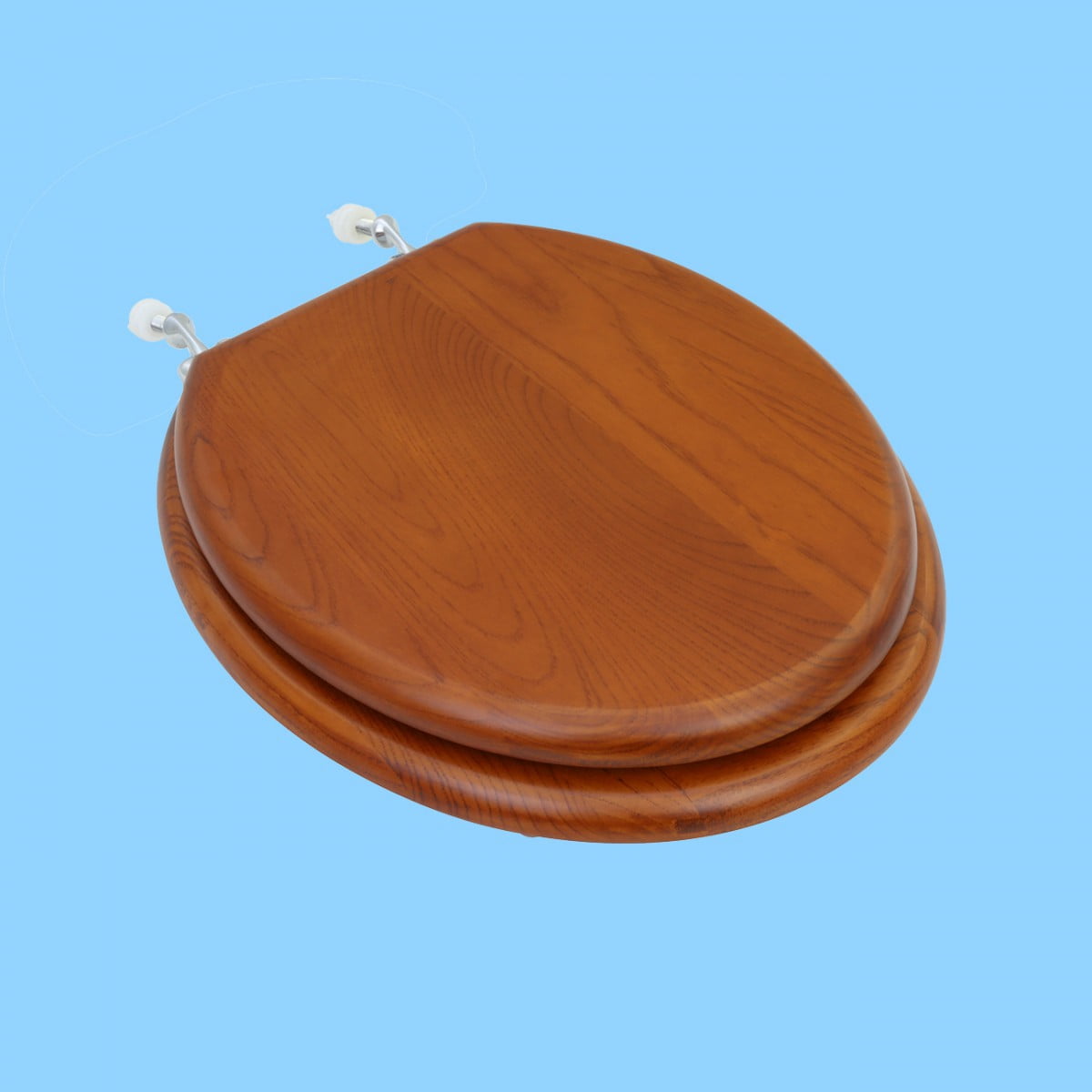 Wooden Round Toilet Seat in Light Mahogany Finish w/Chrome Hinges Easy Clean Wood Toilet Seats w/Soft Bumper Stabilizers | Renovators Supply