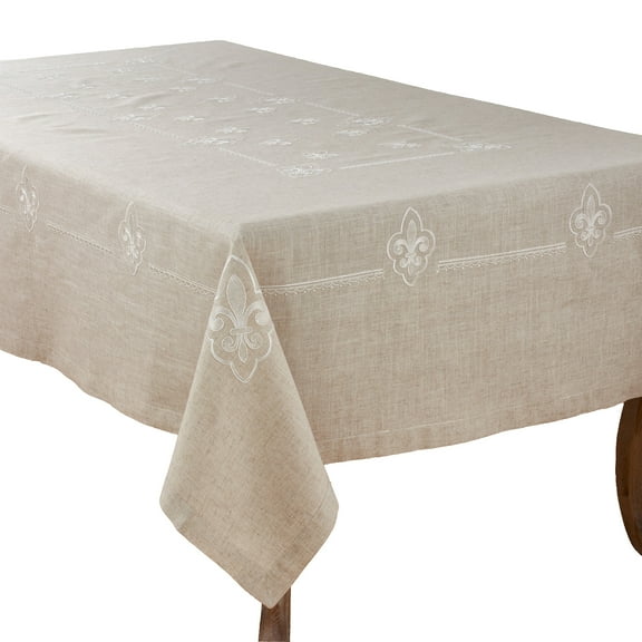 Fennco Styles Fabia Collection Elegant Embroidered Fleur de Lis Linen Blend 69 x 90 Inch Table Cloth – Natural Oblong Tablecloth for Dinner Party, Banquest, Special Events and Home Décor