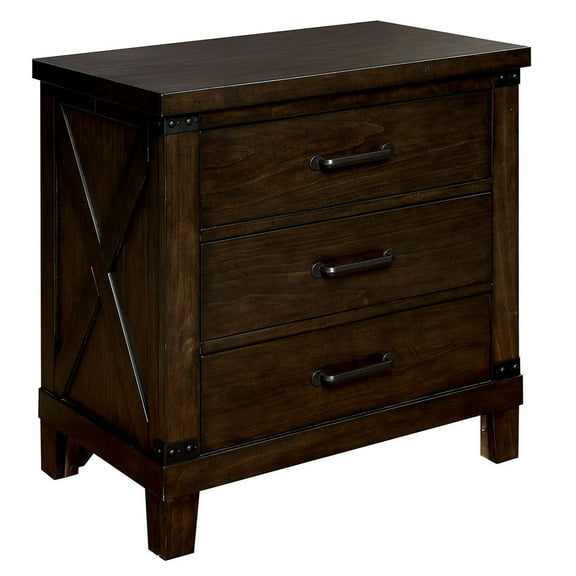 Benzara Three Drawer Nightstand with Metal Handle And Crossed Planked Side Panels, Brown