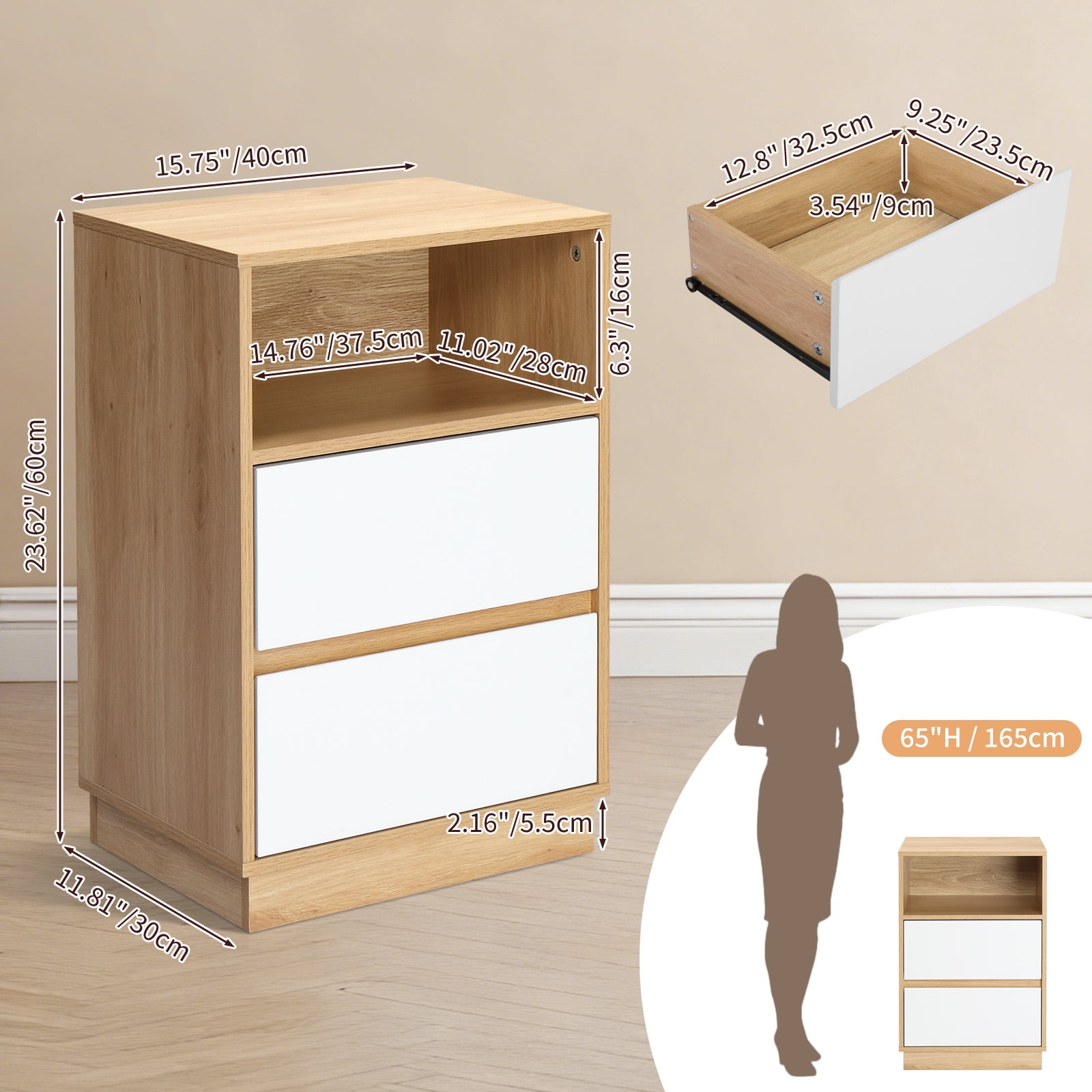 Ktaxon NightStand Set of 2 with 2 Storage Drawers BedsideTable, End Side for Bedroom, Country Style Oak