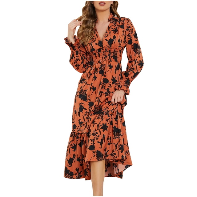 Birdeem Robe Longue d'Été pour Femmes Robe d'Hiver Décontractée Imprimée Taille Cintrée Manches Longues Col en V Robe Longue pour Femmes