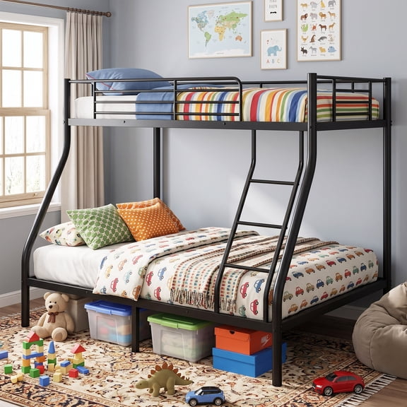 OMNIBERG Bunk Beds Twin Over Full Size for Teens and Adults, Heavy Duty Metal Bunk Bed with Angled Ladder and Safe Guardrail for Spaces-Saving, Apartment or Dorm