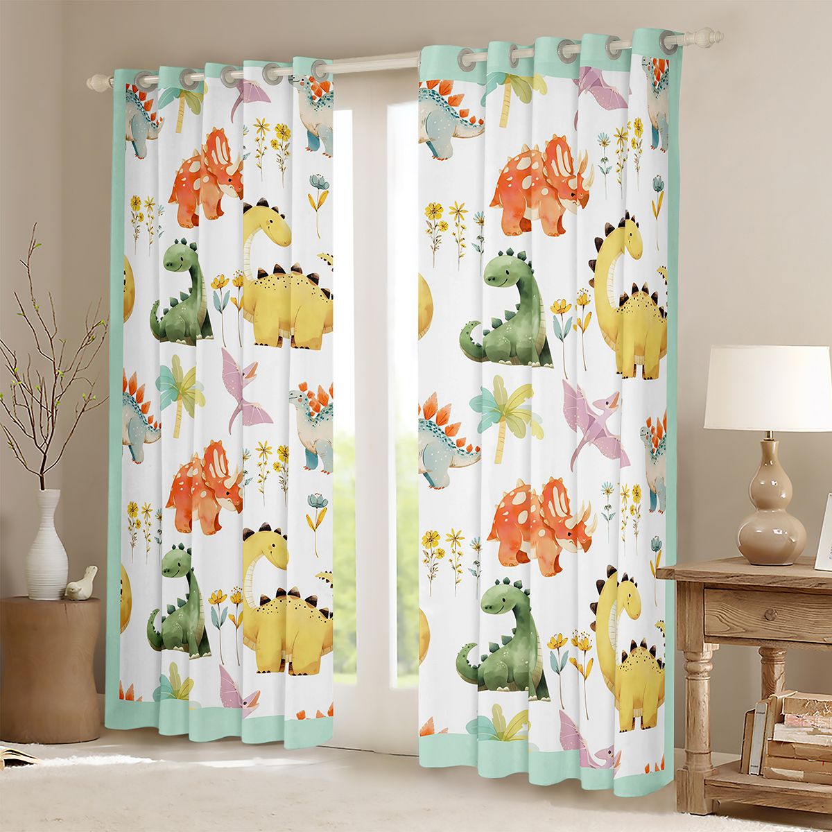 Castle Fairy Boys Girls Kawaii Dinosaurs Curtains Pack of 2 (42x84 Each),Colorful Jungle Animal Curtains Blackout,Cartoon Flowers Wildlife Bedroom Curtains,Super Cozy Room Decor