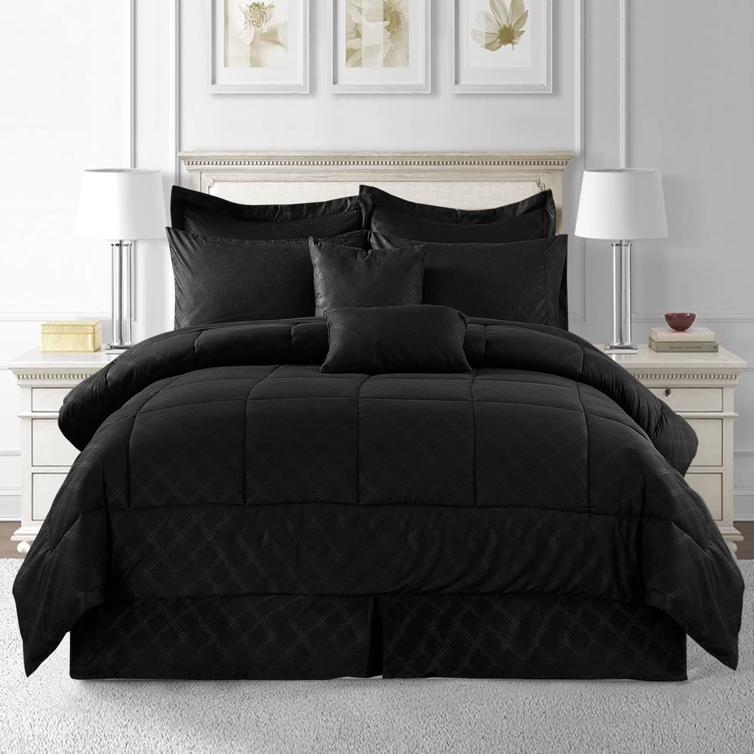 Black/White Chezmoi Collection 6-Piece Luxury Stripe Comforter Bed-In-A-Bag Set 