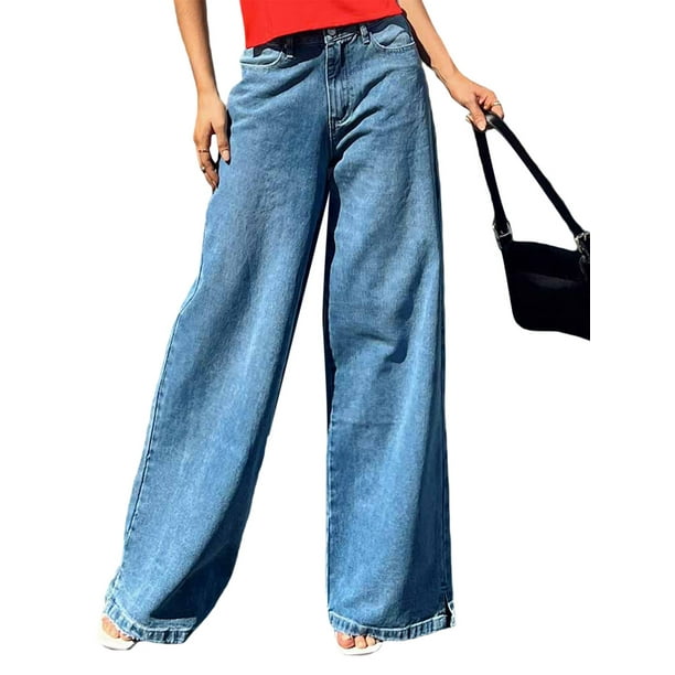 Womens Jeans High Waist Denim Pants Palazzo Trousers Wide Leg Loose Casual  Blue