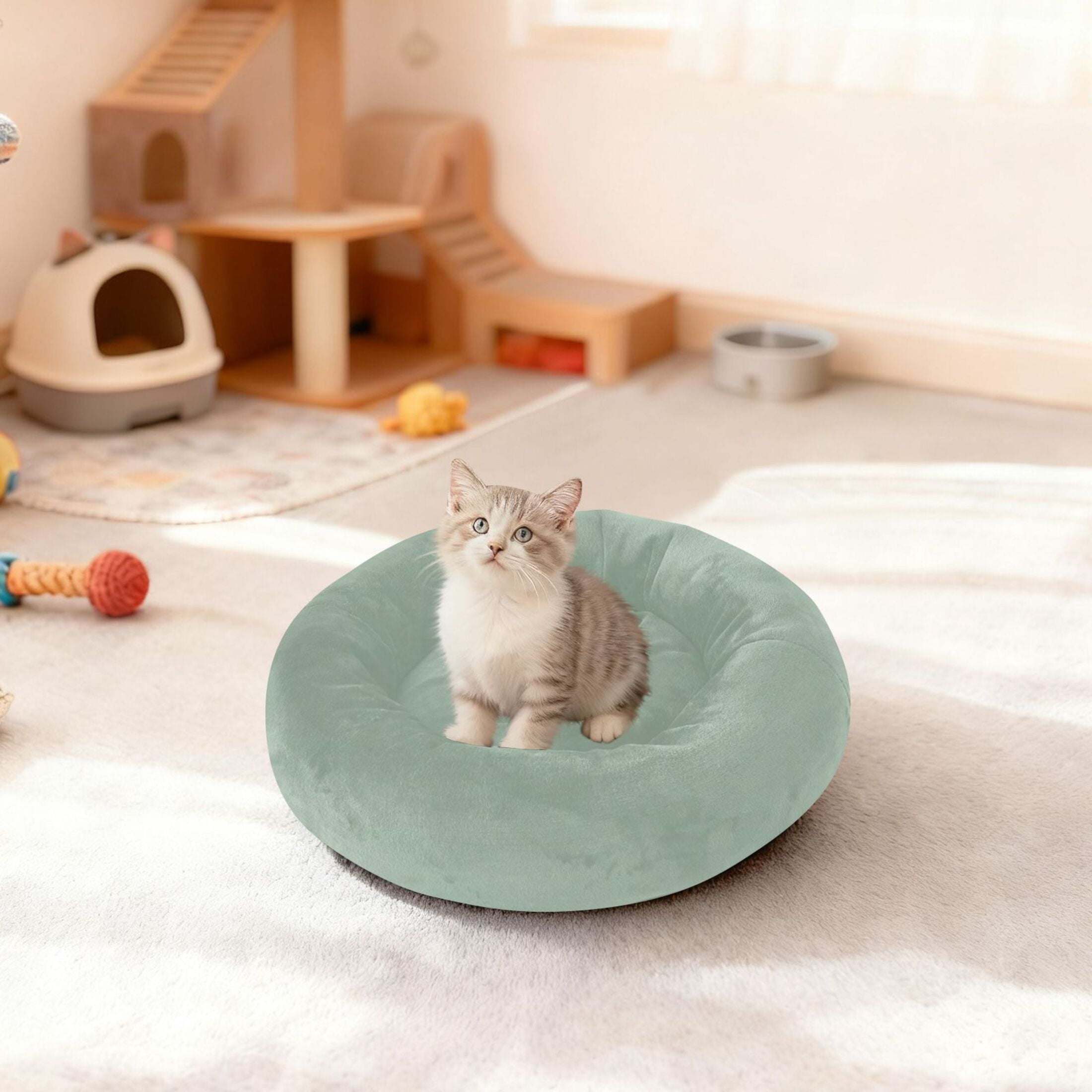 Iauyy Pet Couch Donut Cat Bed for Indoor Cats/Small Dogs Washable & Machine with Non-slip Bottom Calming Cat Furniture, Light Gray Background (M)