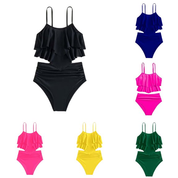 Xiaoxatg Girls Swimsuit 2 Piece Tankini Sets Ruffle Bathing Suit with Adjustable Strap Girls' Swimwear 12-13 Years Yellow