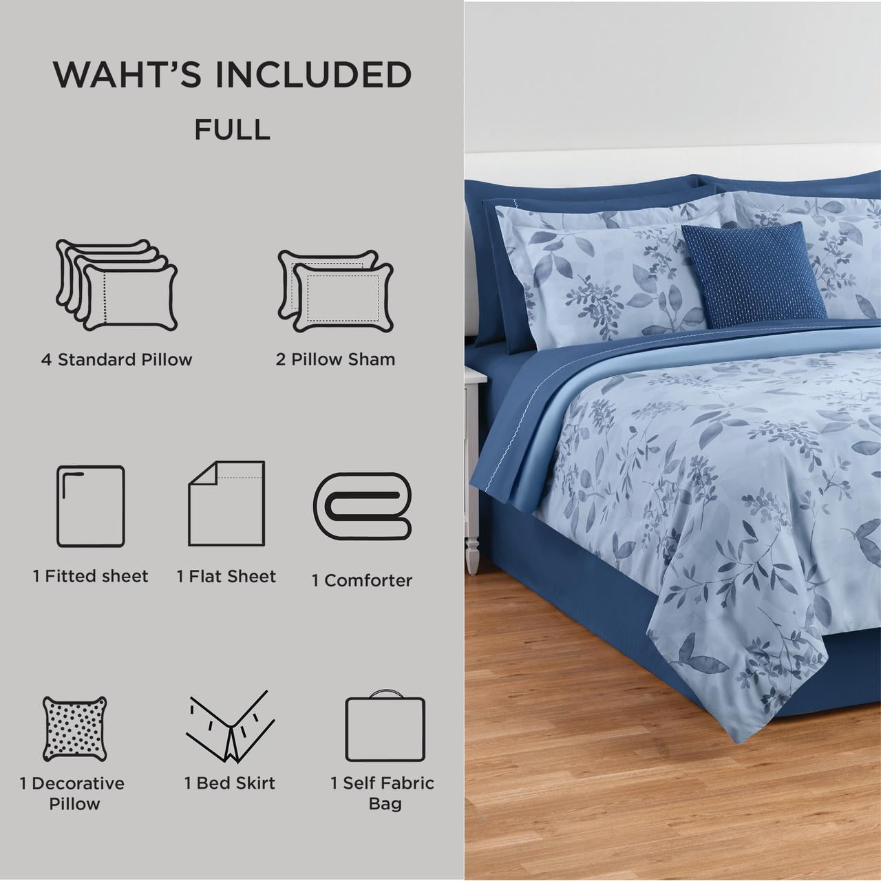 Mainstays All in One Reversible Comforter and Sheet Set- 11 Piece, Full, Blue Floral
