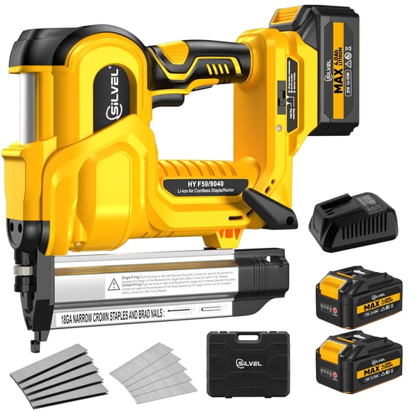 Clavadora inalámbrica SILVEL 18GA 21V con 2 baterías de 4.0Ah, amarilla