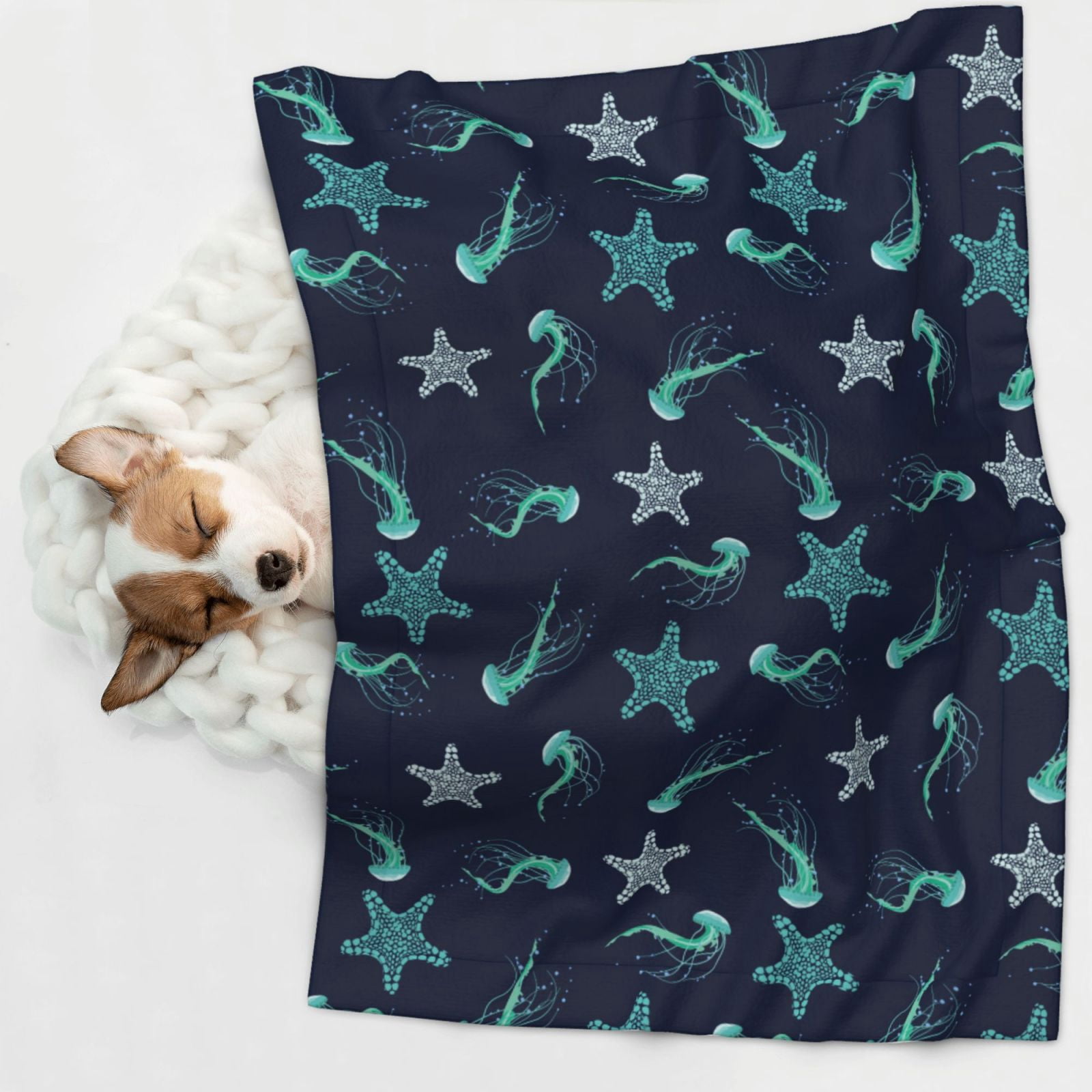 Naloa Ice Blue Starfish and Jellyfish Dog Blanket, 3 Sizes Cat Blanket for Indoor Cats Large Medium Small Dog Gifts-