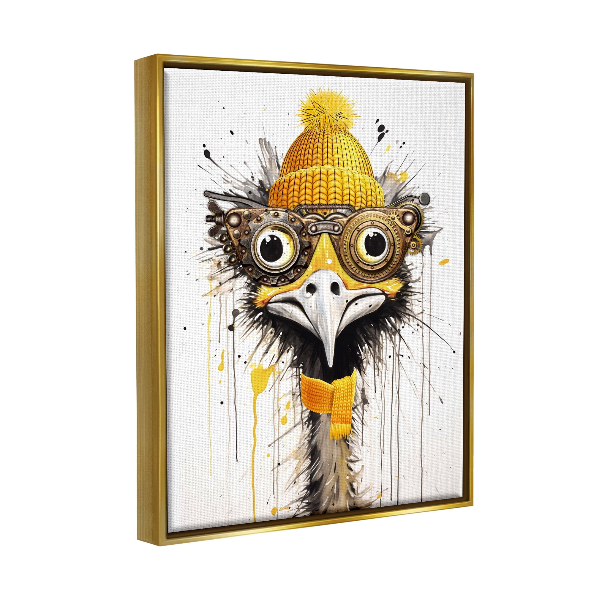 Stupell Industries Yellow Steampunk Emu Animals & Insects Painting Gold Floater Framed Canvas Art Print Wall Art, 25 x 31